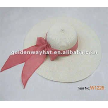 Sombrero de playa de paja de borde de damas con corbata